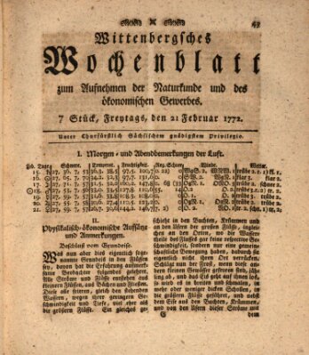 Wittenbergsches Wochenblatt zum Aufnehmen der Naturkunde und des ökonomischen Gewerbes Freitag 21. Februar 1772