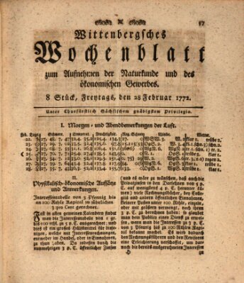 Wittenbergsches Wochenblatt zum Aufnehmen der Naturkunde und des ökonomischen Gewerbes Freitag 28. Februar 1772