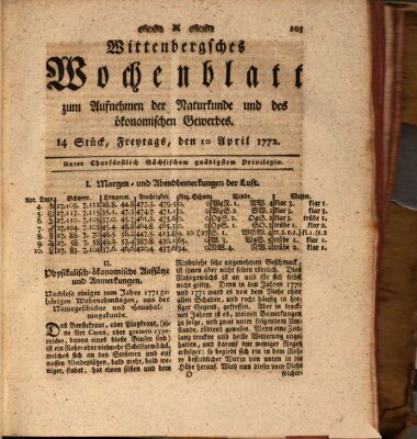 Wittenbergsches Wochenblatt zum Aufnehmen der Naturkunde und des ökonomischen Gewerbes Freitag 10. April 1772