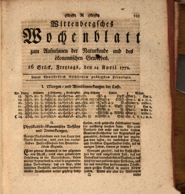 Wittenbergsches Wochenblatt zum Aufnehmen der Naturkunde und des ökonomischen Gewerbes Freitag 24. April 1772