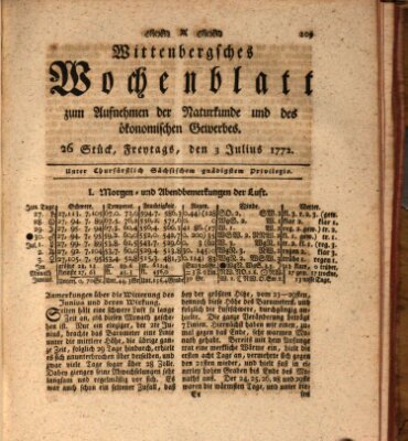 Wittenbergsches Wochenblatt zum Aufnehmen der Naturkunde und des ökonomischen Gewerbes Freitag 3. Juli 1772