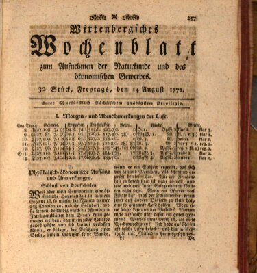 Wittenbergsches Wochenblatt zum Aufnehmen der Naturkunde und des ökonomischen Gewerbes Freitag 14. August 1772