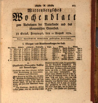 Wittenbergsches Wochenblatt zum Aufnehmen der Naturkunde und des ökonomischen Gewerbes Freitag 21. August 1772