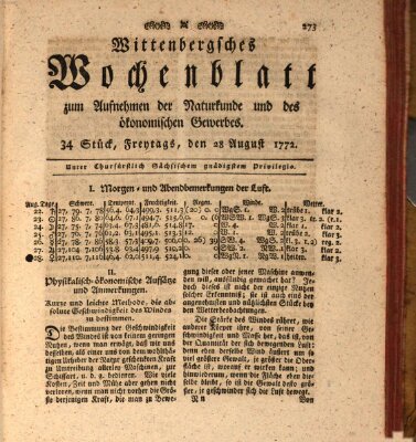 Wittenbergsches Wochenblatt zum Aufnehmen der Naturkunde und des ökonomischen Gewerbes Freitag 28. August 1772