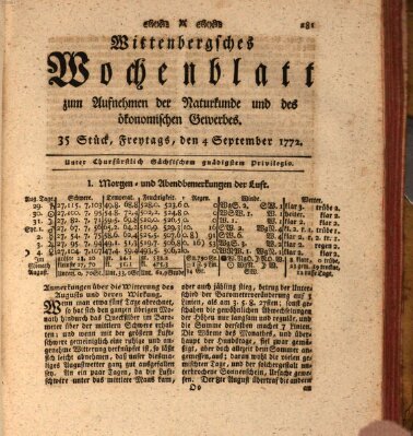 Wittenbergsches Wochenblatt zum Aufnehmen der Naturkunde und des ökonomischen Gewerbes Freitag 4. September 1772