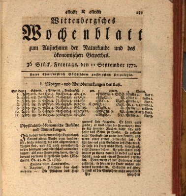 Wittenbergsches Wochenblatt zum Aufnehmen der Naturkunde und des ökonomischen Gewerbes Freitag 11. September 1772