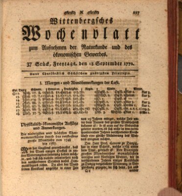 Wittenbergsches Wochenblatt zum Aufnehmen der Naturkunde und des ökonomischen Gewerbes Freitag 18. September 1772