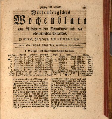 Wittenbergsches Wochenblatt zum Aufnehmen der Naturkunde und des ökonomischen Gewerbes Freitag 2. Oktober 1772