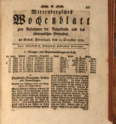 Wittenbergsches Wochenblatt zum Aufnehmen der Naturkunde und des ökonomischen Gewerbes Freitag 23. Oktober 1772