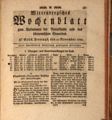 Wittenbergsches Wochenblatt zum Aufnehmen der Naturkunde und des ökonomischen Gewerbes Freitag 27. November 1772