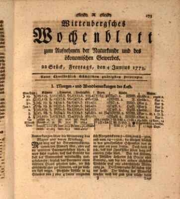 Wittenbergsches Wochenblatt zum Aufnehmen der Naturkunde und des ökonomischen Gewerbes Freitag 4. Juni 1773