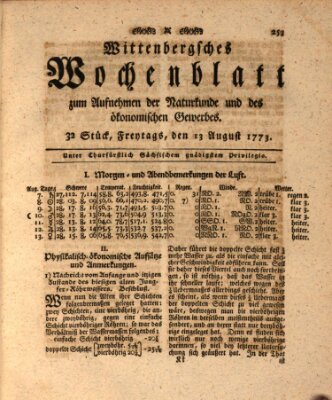 Wittenbergsches Wochenblatt zum Aufnehmen der Naturkunde und des ökonomischen Gewerbes Freitag 13. August 1773