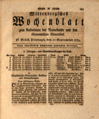 Wittenbergsches Wochenblatt zum Aufnehmen der Naturkunde und des ökonomischen Gewerbes Freitag 10. September 1773