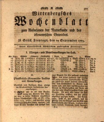 Wittenbergsches Wochenblatt zum Aufnehmen der Naturkunde und des ökonomischen Gewerbes Freitag 24. September 1773