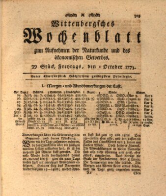 Wittenbergsches Wochenblatt zum Aufnehmen der Naturkunde und des ökonomischen Gewerbes Freitag 1. Oktober 1773