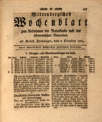 Wittenbergsches Wochenblatt zum Aufnehmen der Naturkunde und des ökonomischen Gewerbes Freitag 8. Oktober 1773