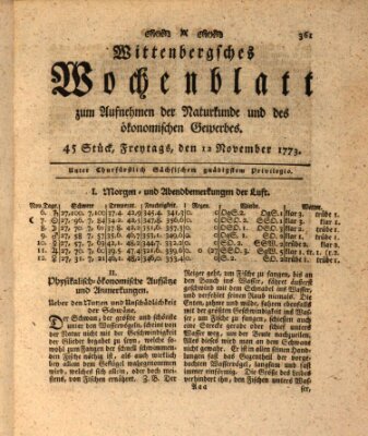 Wittenbergsches Wochenblatt zum Aufnehmen der Naturkunde und des ökonomischen Gewerbes Freitag 12. November 1773