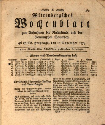 Wittenbergsches Wochenblatt zum Aufnehmen der Naturkunde und des ökonomischen Gewerbes Freitag 19. November 1773