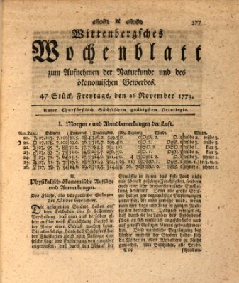 Wittenbergsches Wochenblatt zum Aufnehmen der Naturkunde und des ökonomischen Gewerbes Freitag 26. November 1773