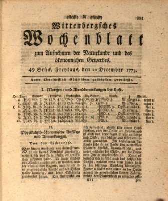 Wittenbergsches Wochenblatt zum Aufnehmen der Naturkunde und des ökonomischen Gewerbes Freitag 10. Dezember 1773