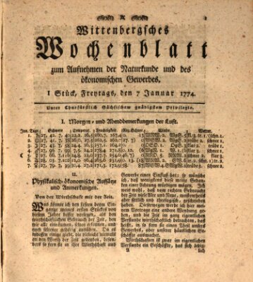 Wittenbergsches Wochenblatt zum Aufnehmen der Naturkunde und des ökonomischen Gewerbes Freitag 7. Januar 1774