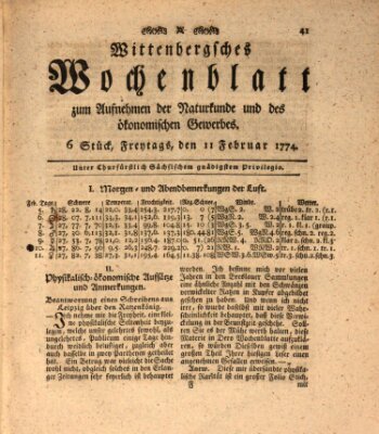 Wittenbergsches Wochenblatt zum Aufnehmen der Naturkunde und des ökonomischen Gewerbes Freitag 11. Februar 1774