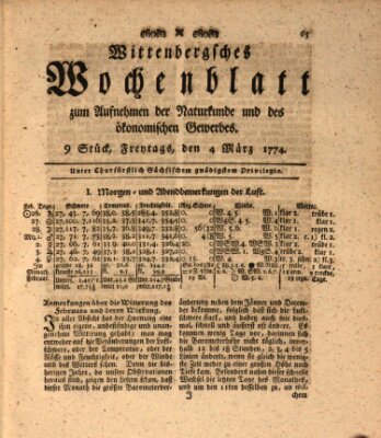 Wittenbergsches Wochenblatt zum Aufnehmen der Naturkunde und des ökonomischen Gewerbes Freitag 4. März 1774