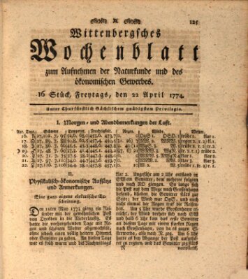 Wittenbergsches Wochenblatt zum Aufnehmen der Naturkunde und des ökonomischen Gewerbes Freitag 22. April 1774