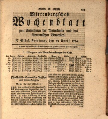 Wittenbergsches Wochenblatt zum Aufnehmen der Naturkunde und des ökonomischen Gewerbes Freitag 29. April 1774