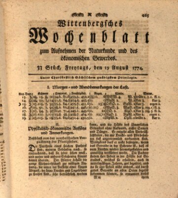 Wittenbergsches Wochenblatt zum Aufnehmen der Naturkunde und des ökonomischen Gewerbes Freitag 19. August 1774