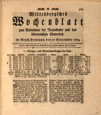 Wittenbergsches Wochenblatt zum Aufnehmen der Naturkunde und des ökonomischen Gewerbes Freitag 30. September 1774