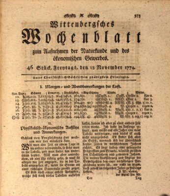 Wittenbergsches Wochenblatt zum Aufnehmen der Naturkunde und des ökonomischen Gewerbes Freitag 18. November 1774