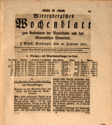 Wittenbergsches Wochenblatt zum Aufnehmen der Naturkunde und des ökonomischen Gewerbes Freitag 20. Januar 1775