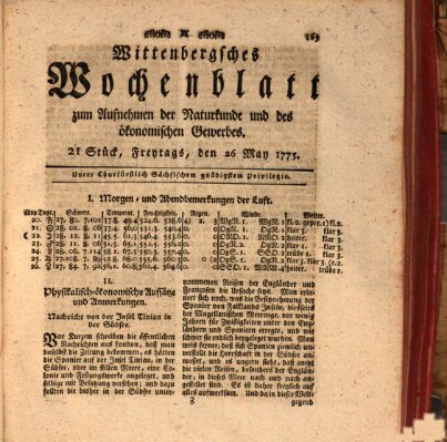 Wittenbergsches Wochenblatt zum Aufnehmen der Naturkunde und des ökonomischen Gewerbes Freitag 26. Mai 1775