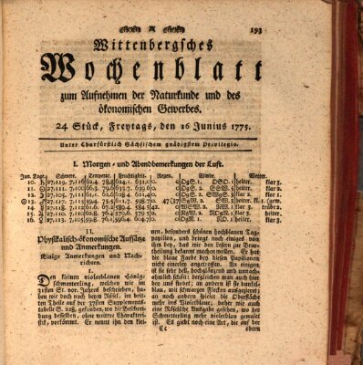 Wittenbergsches Wochenblatt zum Aufnehmen der Naturkunde und des ökonomischen Gewerbes Freitag 16. Juni 1775