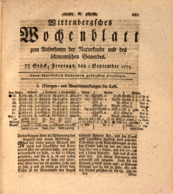 Wittenbergsches Wochenblatt zum Aufnehmen der Naturkunde und des ökonomischen Gewerbes Freitag 1. September 1775