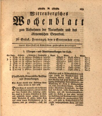 Wittenbergsches Wochenblatt zum Aufnehmen der Naturkunde und des ökonomischen Gewerbes Freitag 8. September 1775