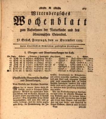 Wittenbergsches Wochenblatt zum Aufnehmen der Naturkunde und des ökonomischen Gewerbes Freitag 22. Dezember 1775