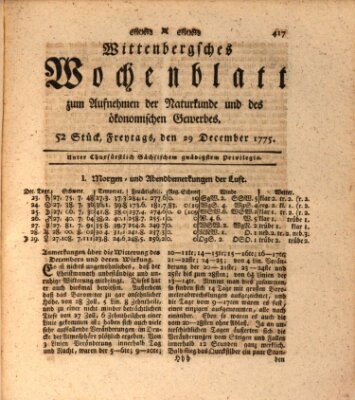 Wittenbergsches Wochenblatt zum Aufnehmen der Naturkunde und des ökonomischen Gewerbes Freitag 29. Dezember 1775