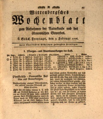 Wittenbergsches Wochenblatt zum Aufnehmen der Naturkunde und des ökonomischen Gewerbes Freitag 9. Februar 1776