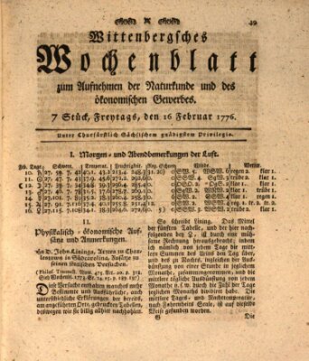 Wittenbergsches Wochenblatt zum Aufnehmen der Naturkunde und des ökonomischen Gewerbes Freitag 16. Februar 1776