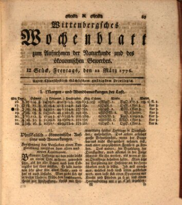 Wittenbergsches Wochenblatt zum Aufnehmen der Naturkunde und des ökonomischen Gewerbes Freitag 22. März 1776