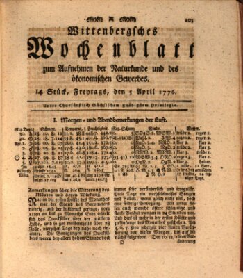 Wittenbergsches Wochenblatt zum Aufnehmen der Naturkunde und des ökonomischen Gewerbes Freitag 5. April 1776