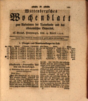 Wittenbergsches Wochenblatt zum Aufnehmen der Naturkunde und des ökonomischen Gewerbes Freitag 19. April 1776