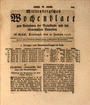 Wittenbergsches Wochenblatt zum Aufnehmen der Naturkunde und des ökonomischen Gewerbes Freitag 28. Juni 1776