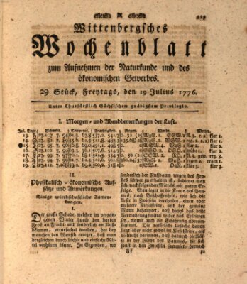 Wittenbergsches Wochenblatt zum Aufnehmen der Naturkunde und des ökonomischen Gewerbes Freitag 19. Juli 1776