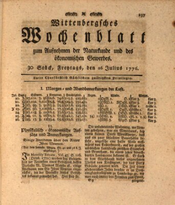 Wittenbergsches Wochenblatt zum Aufnehmen der Naturkunde und des ökonomischen Gewerbes Freitag 26. Juli 1776