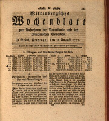 Wittenbergsches Wochenblatt zum Aufnehmen der Naturkunde und des ökonomischen Gewerbes Freitag 16. August 1776