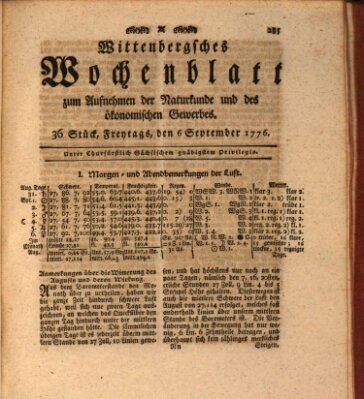 Wittenbergsches Wochenblatt zum Aufnehmen der Naturkunde und des ökonomischen Gewerbes Freitag 6. September 1776