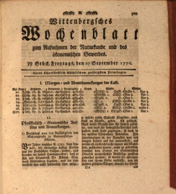 Wittenbergsches Wochenblatt zum Aufnehmen der Naturkunde und des ökonomischen Gewerbes Freitag 27. September 1776